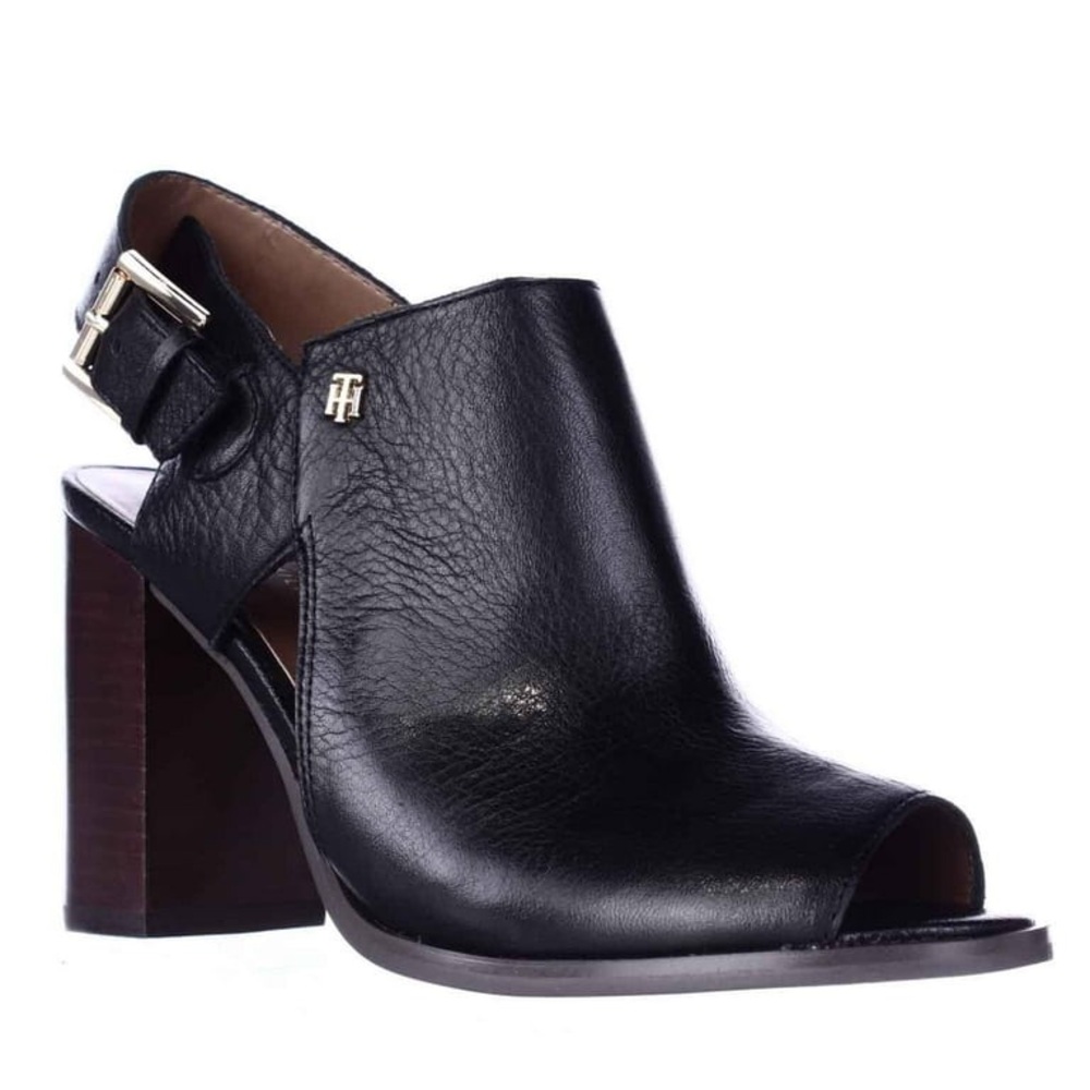 Tommy Hilfiger Black Leather Women's Peep Toe Mule Heels - 9.5